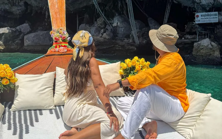 Cushions and low seating on the deck of a private longtail boat